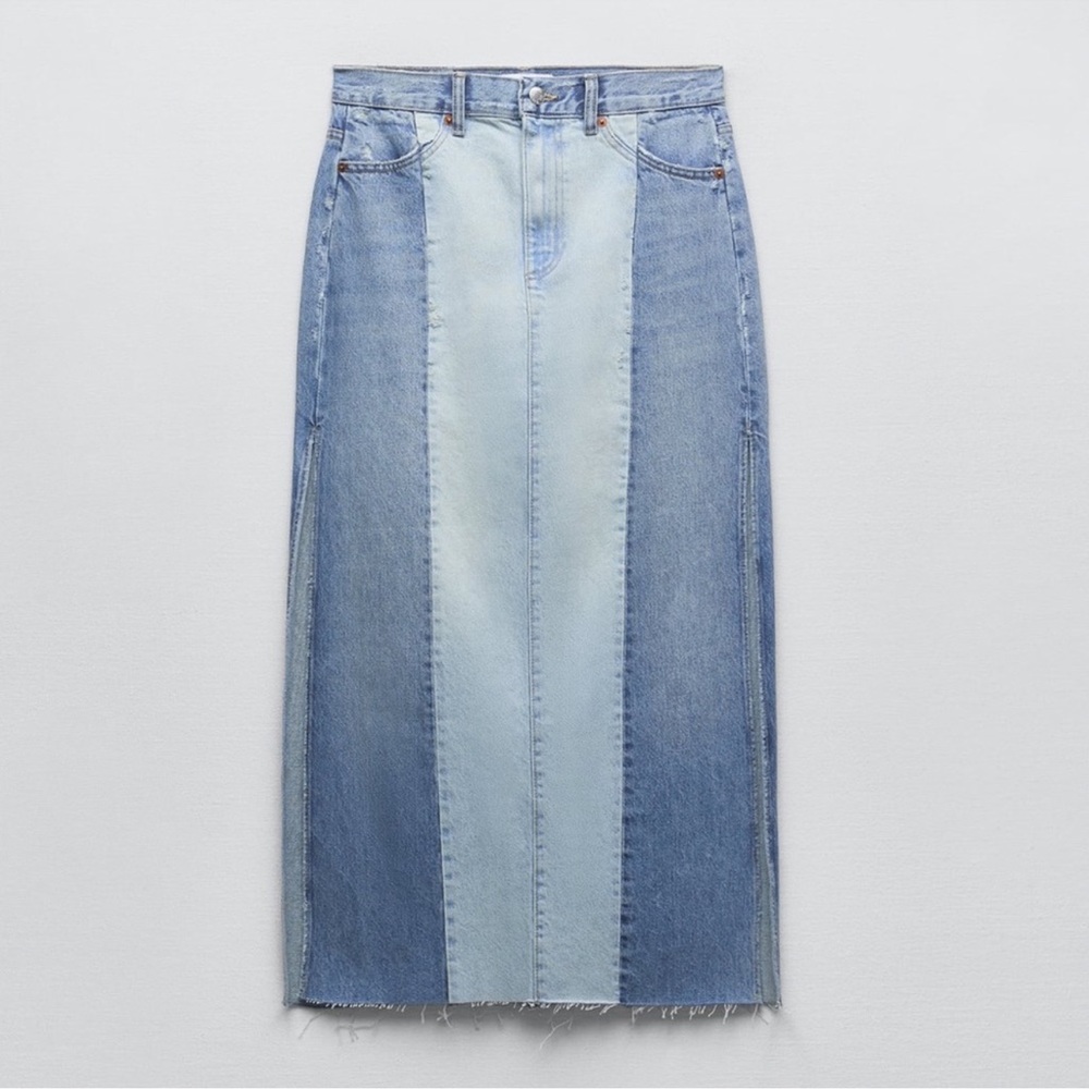 Zara Patchwork TRF Skirt M Long Jean Denim Frayed / Distressed NWT